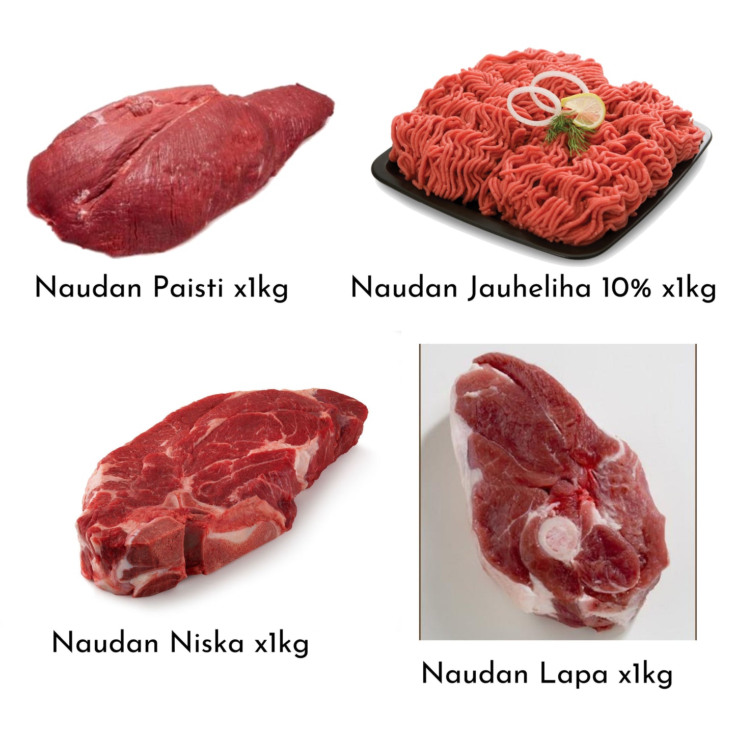 ليها باكتي (Naudan Paisti x1kg ، Naudan Jauheliha 10٪ x1kg ، Naudan Niska x1kg ، Naudan Lapa x1kg)